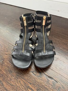 Michael Kors Black Strappy Gladiator Sandals with Gold Zipper